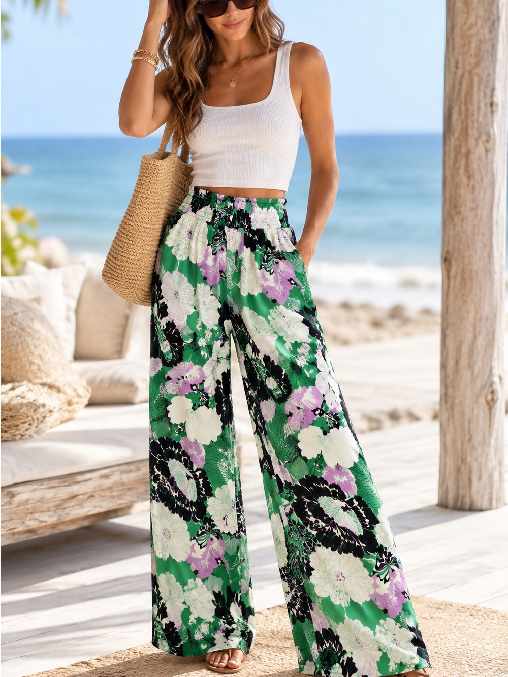 Maeve by Anthropologie Green Floral Wide Leg Palazzo Pants β Small